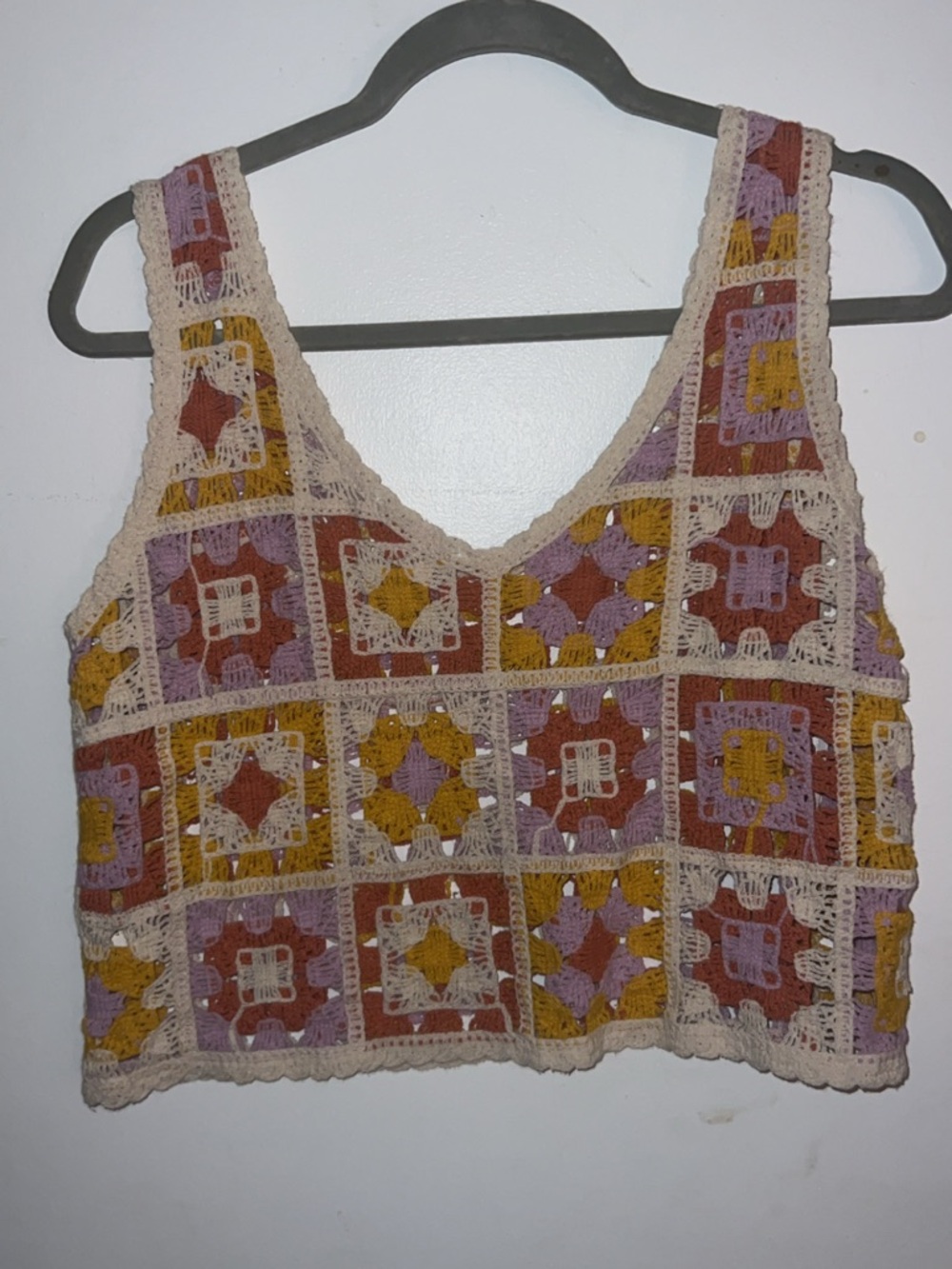 Rebellion Crochet Patchwork Crop Top in Cream, Mustard & Dusty Rose